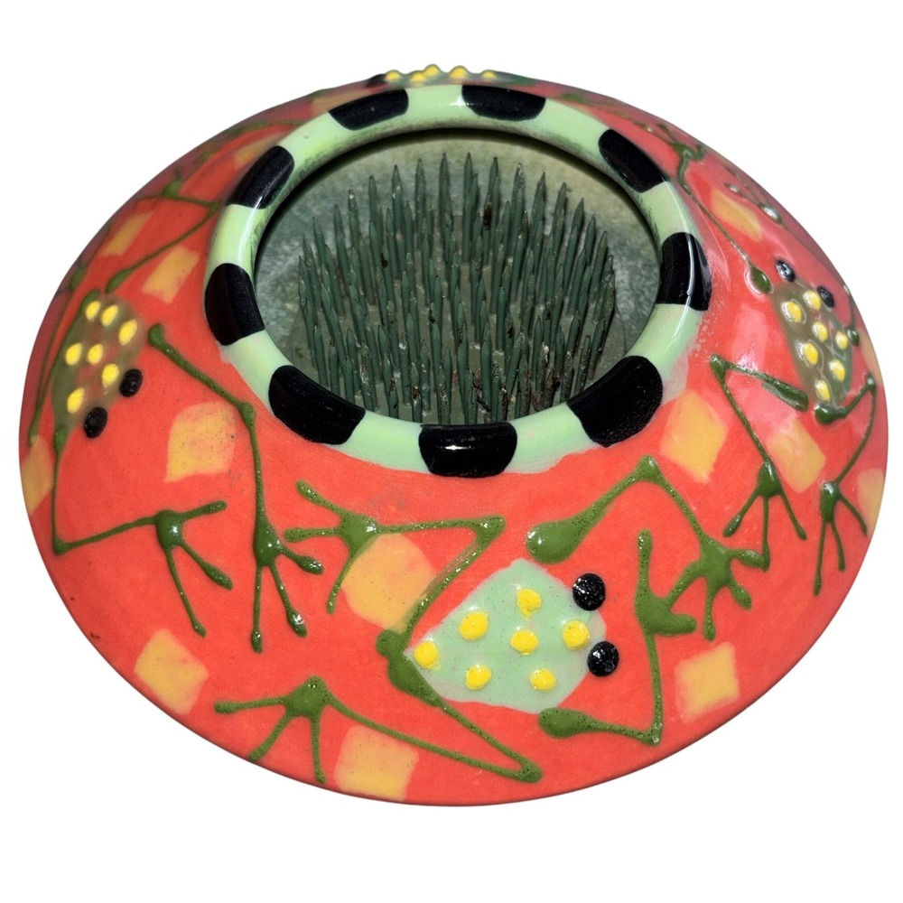 Whimsical Frog Flower Frog Kenzan Ikebana‎ Vase Ceramic Signed